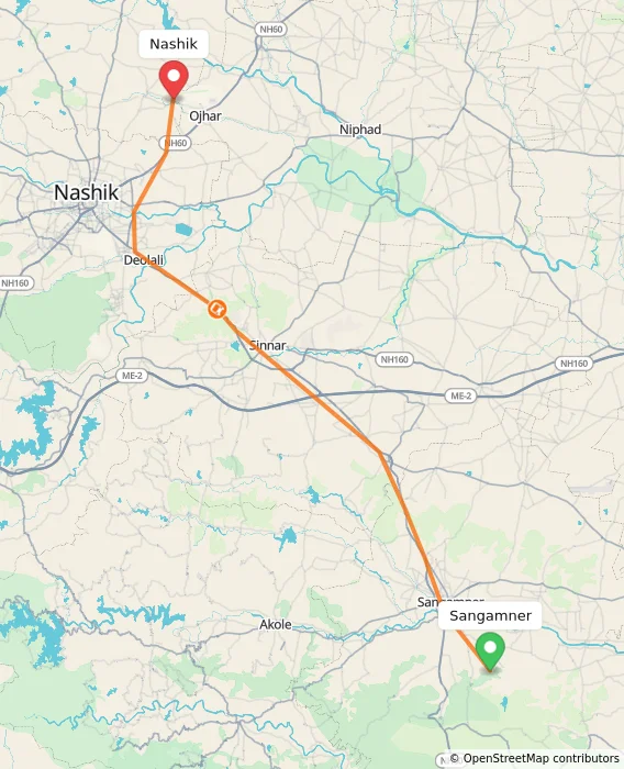 Route map showing distance and travel time from Sangamner, India to Nashik, India