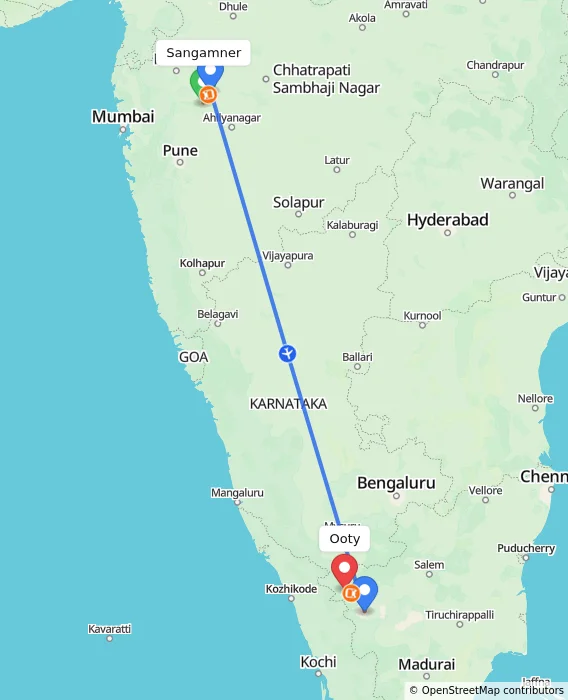 Route map showing distance and travel time from Sangamner, India to Ooty, India
