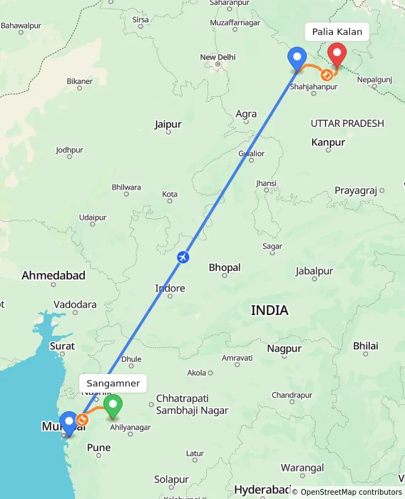Route map showing distance and travel time from Sangamner, India to Palia Kalan, India