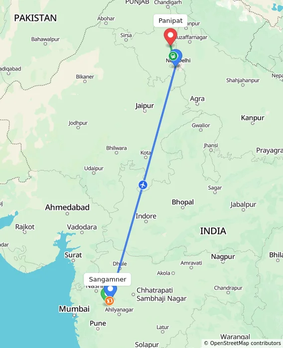 Route map showing distance and travel time from Sangamner, India to Panipat, India