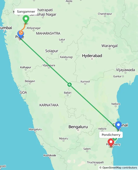 Route map showing distance and travel time from Sangamner, India to Puducherry, India