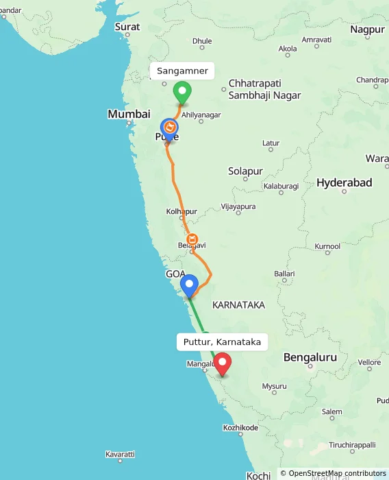 Route map showing distance and travel time from Sangamner, India to Puttur, Karnataka, India