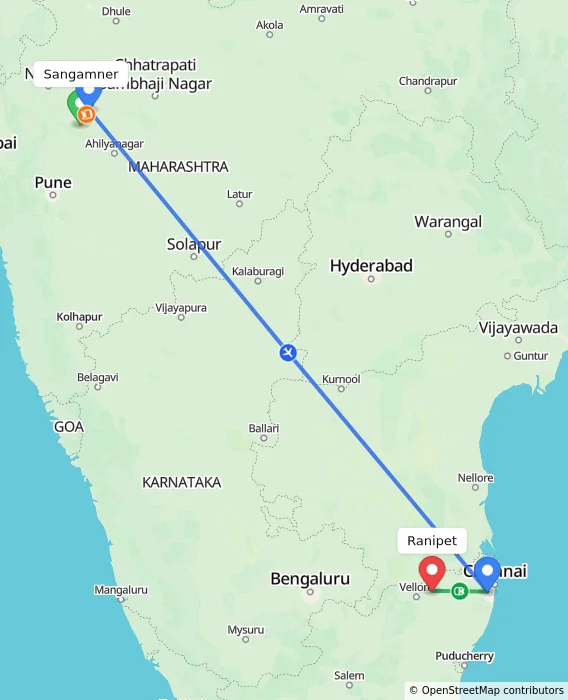 Route map showing distance and travel time from Sangamner, India to Ranipet, India