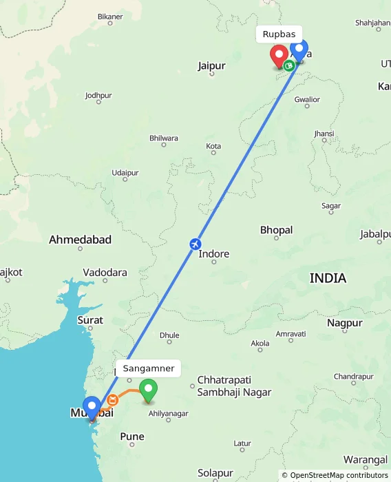 Route map showing distance and travel time from Sangamner, India to Rupbas, India