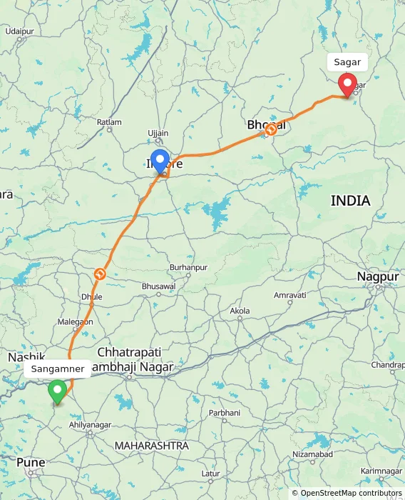 Route map showing distance and travel time from Sangamner, India to Sagar, India