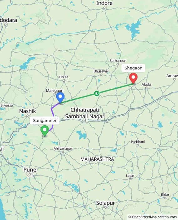 Route map showing distance and travel time from Sangamner, India to Shegaon, India