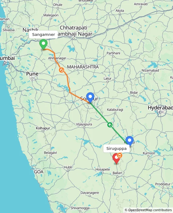 Route map showing distance and travel time from Sangamner, India to Siruguppa, India