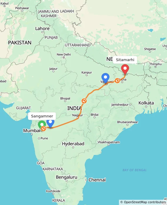 Route map showing distance and travel time from Sangamner, India to Sitamarhi, India