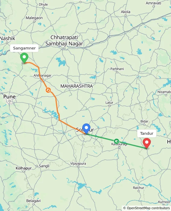 Route map showing distance and travel time from Sangamner, India to Tandur, India