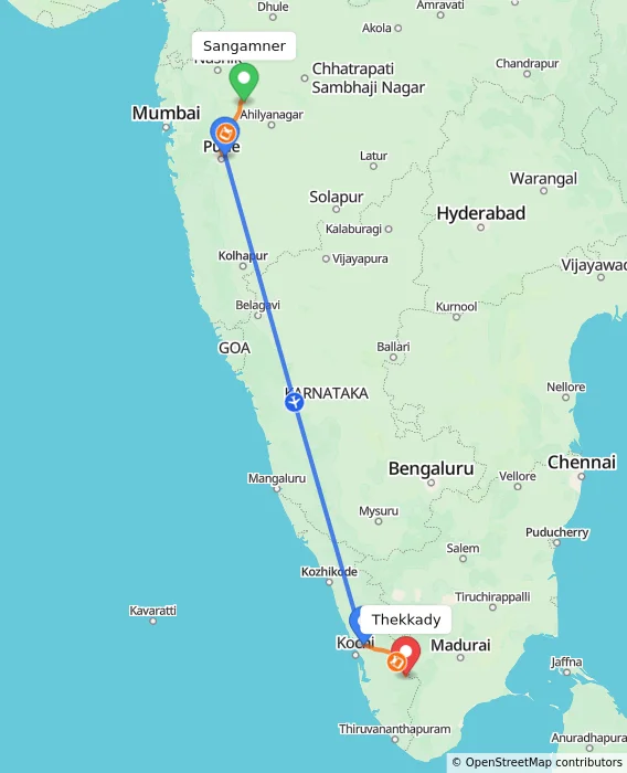 Route map showing distance and travel time from Sangamner, India to Thekkady, India