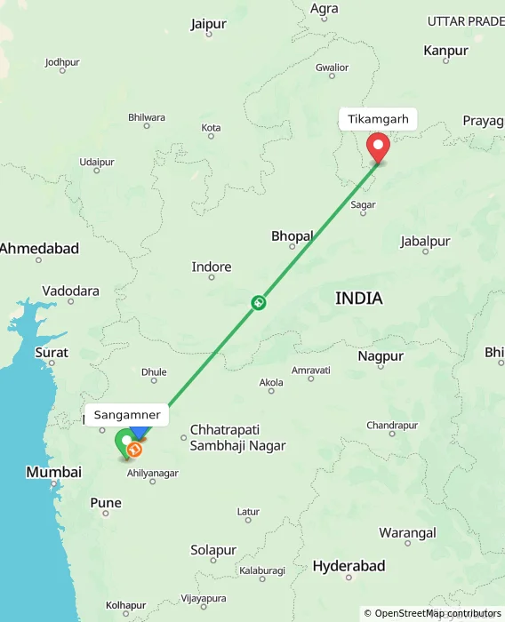 Route map showing distance and travel time from Sangamner, India to Tikamgarh, India