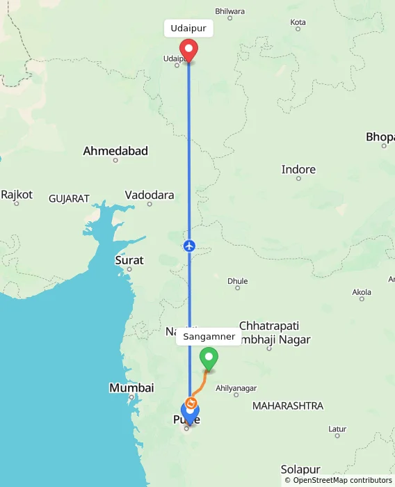 Route map showing distance and travel time from Sangamner, India to Udaipur, India