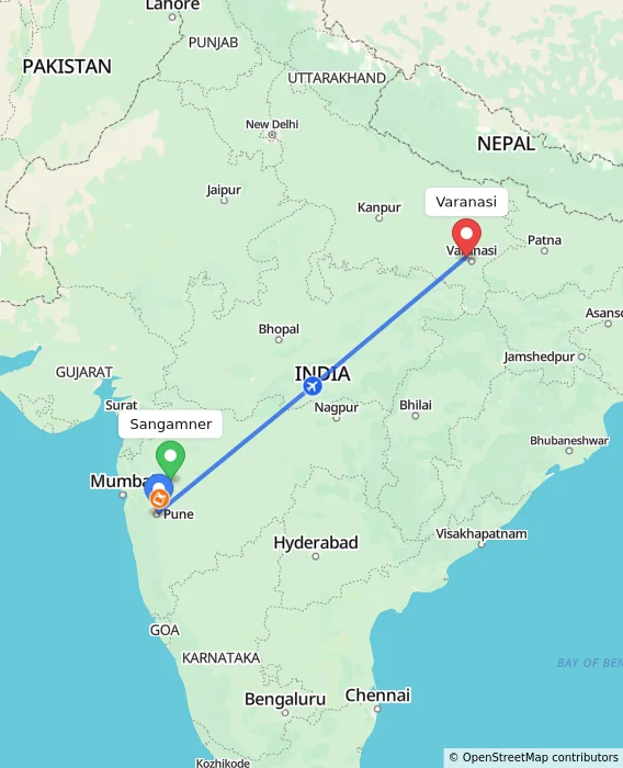 Route map showing distance and travel time from Sangamner, India to Varanasi, India