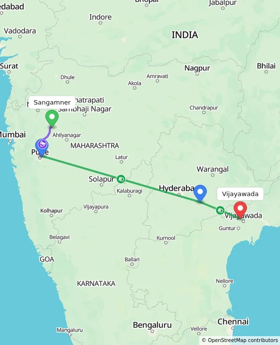 Route map showing distance and travel time from Sangamner, India to Vijayawada, India
