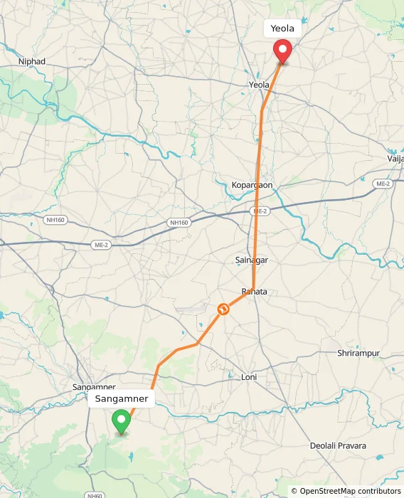 Route map showing distance and travel time from Sangamner, India to Yeola, India