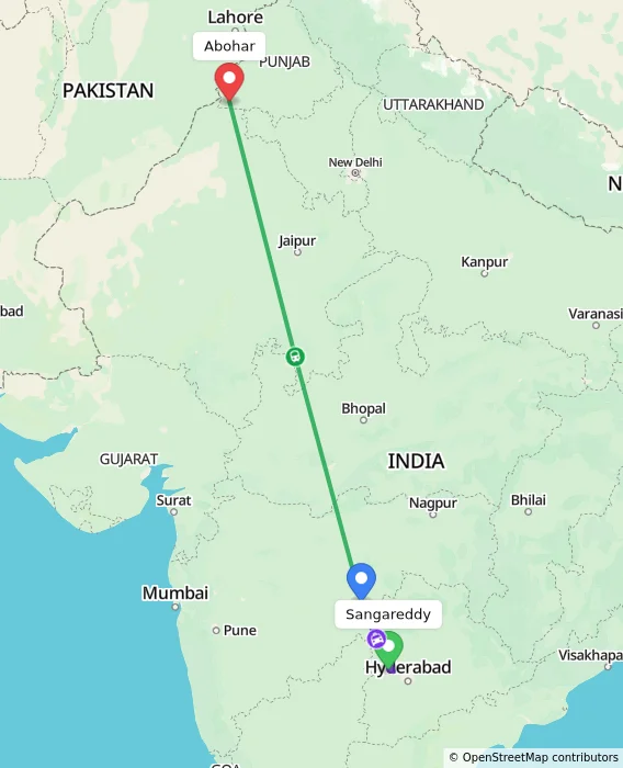 Route map showing distance and travel time from Sangareddy, India to Abohar, India