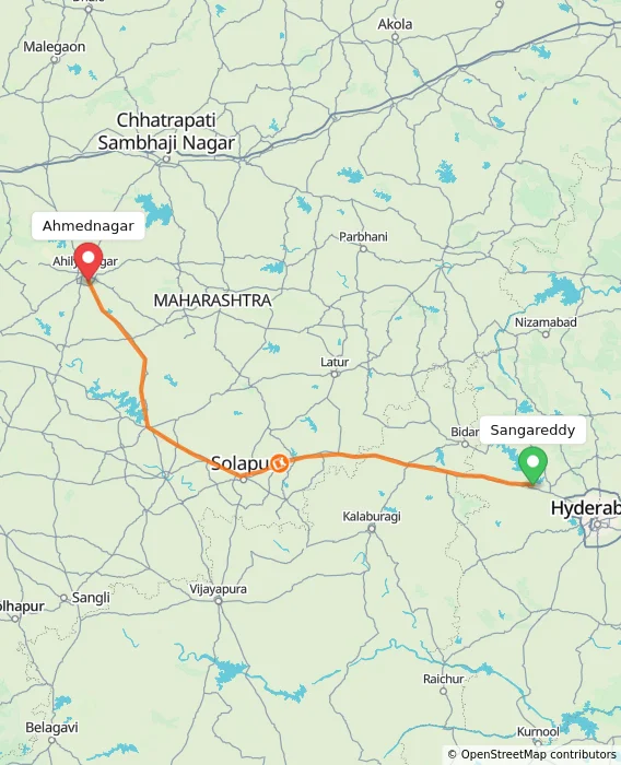 Route map showing distance and travel time from Sangareddy, India to Ahmednagar, India