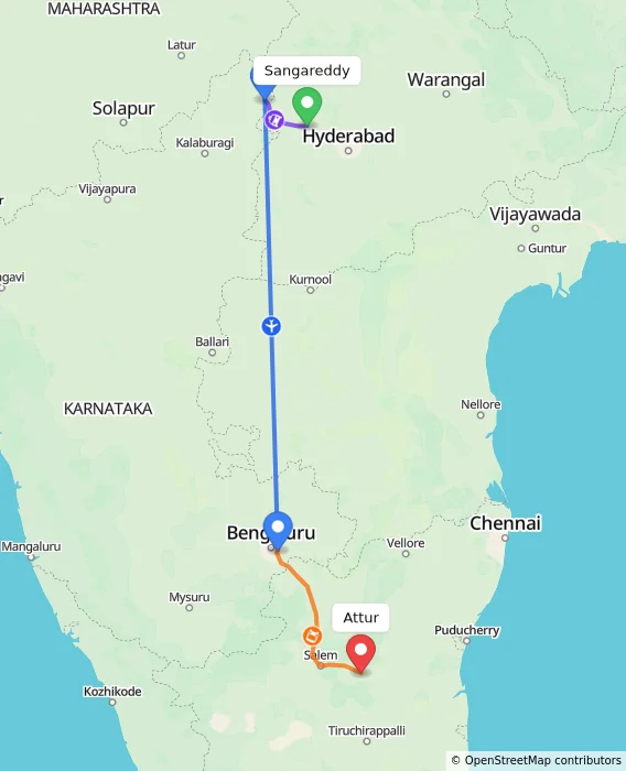 Route map showing distance and travel time from Sangareddy, India to Attur, India