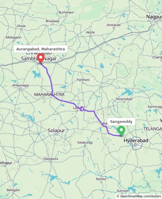 Route map showing distance and travel time from Sangareddy, India to Aurangabad, Maharashtra, India