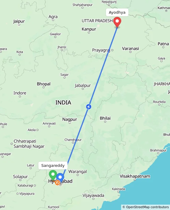 Route map showing distance and travel time from Sangareddy, India to Ayodhya, India