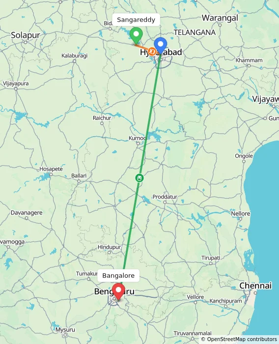 Route map showing distance and travel time from Sangareddy, India to Bangalore, India