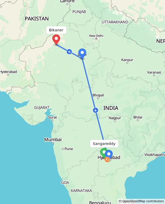 Route map showing distance and travel time from Sangareddy, India to Bikaner, India