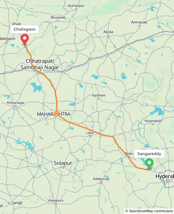 Route map showing distance and travel time from Sangareddy, India to Chalisgaon, India