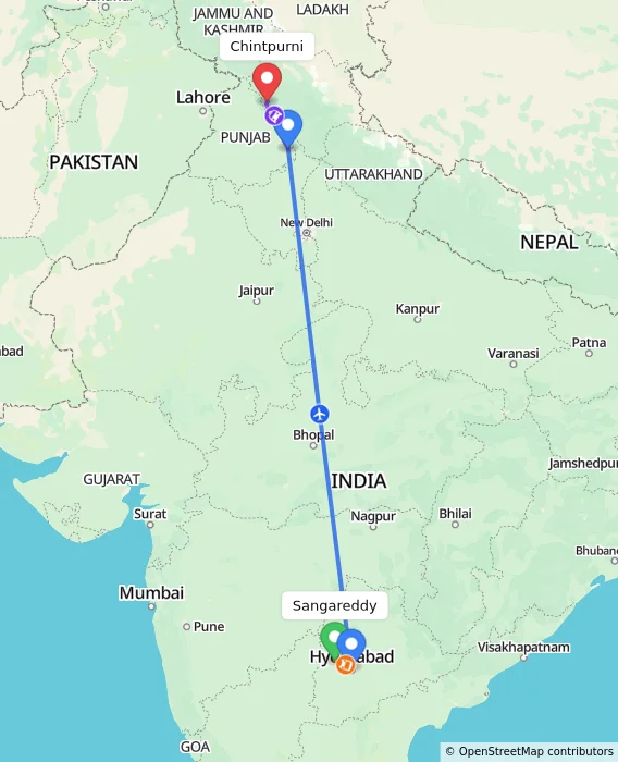 Route map showing distance and travel time from Sangareddy, India to Chintpurni, India