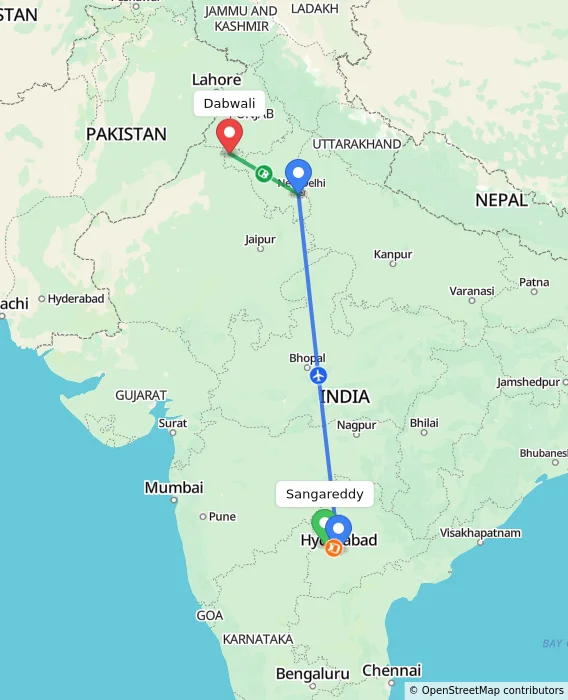 Route map showing distance and travel time from Sangareddy, India to Dabwali, India