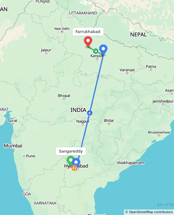 Route map showing distance and travel time from Sangareddy, India to Farrukhabad, India