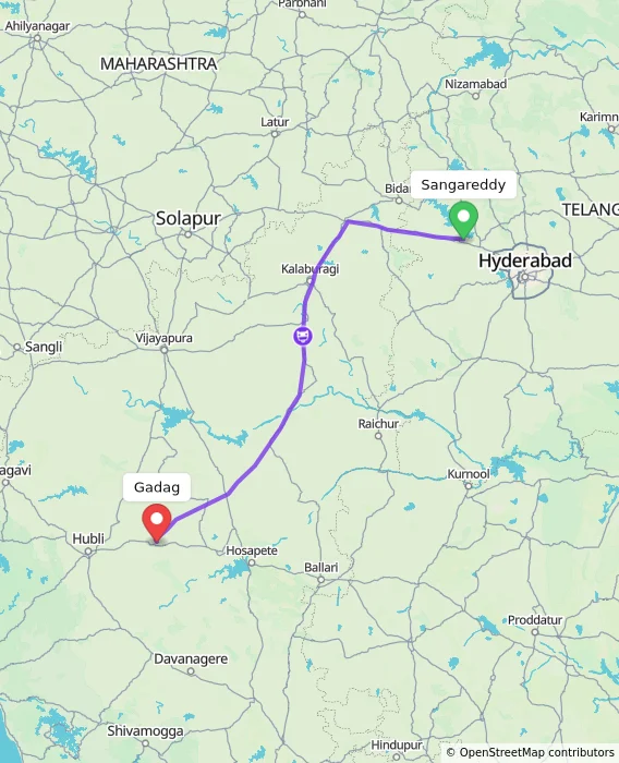 Route map showing distance and travel time from Sangareddy, India to Gadag, India
