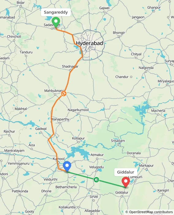 Route map showing distance and travel time from Sangareddy, India to Giddalur, India