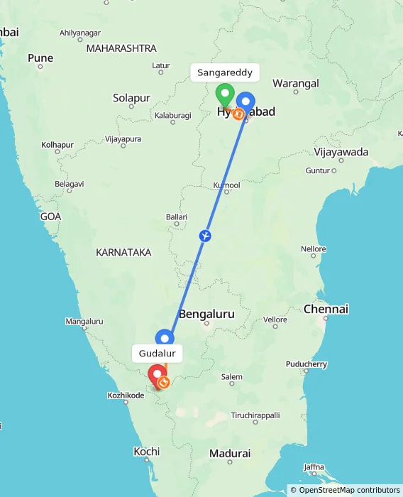 Route map showing distance and travel time from Sangareddy, India to Gudalur, India