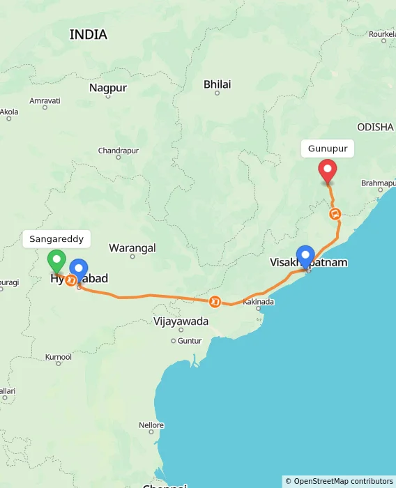 Route map showing distance and travel time from Sangareddy, India to Gunupur, India