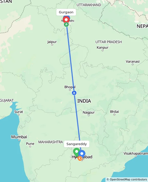 Route map showing distance and travel time from Sangareddy, India to Gurgaon, India