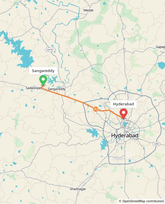Route map showing distance and travel time from Sangareddy, India to Hyderabad, India
