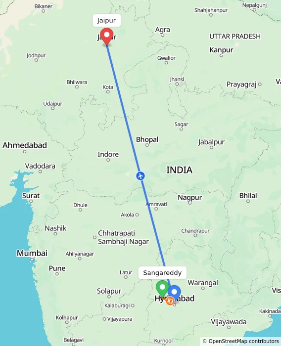 Route map showing distance and travel time from Sangareddy, India to Jaipur, India