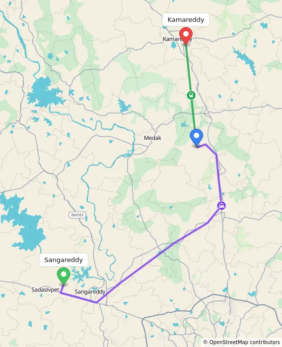 Route map showing distance and travel time from Sangareddy, India to Kamareddy, India