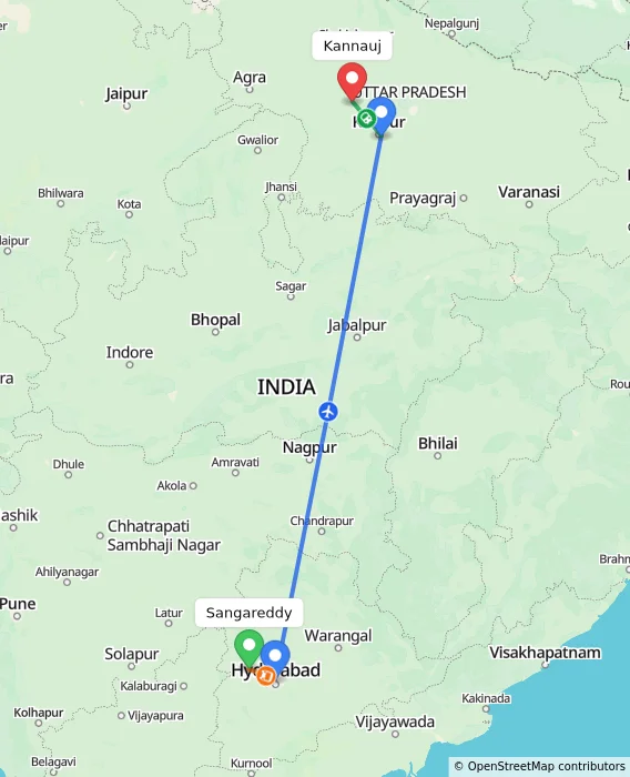 Route map showing distance and travel time from Sangareddy, India to Kannauj, India