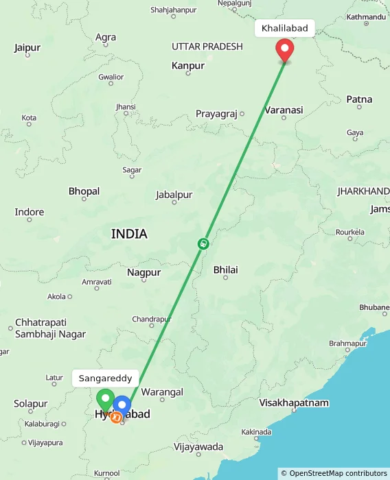 Route map showing distance and travel time from Sangareddy, India to Khalilabad, India