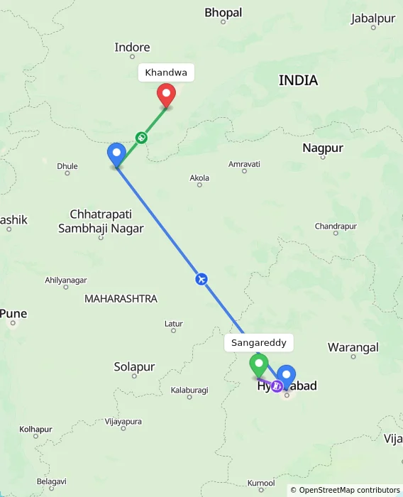 Route map showing distance and travel time from Sangareddy, India to Khandwa, India