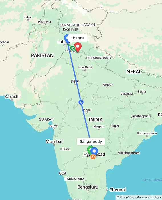 Route map showing distance and travel time from Sangareddy, India to Khanna, India