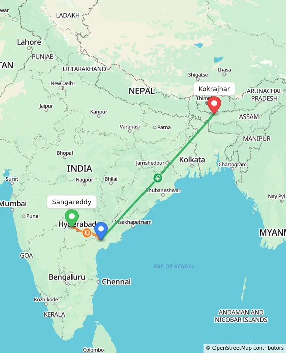 Route map showing distance and travel time from Sangareddy, India to Kokrajhar, India