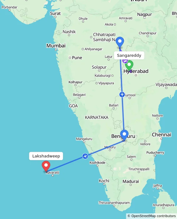 Route map showing distance and travel time from Sangareddy, India to Lakshadweep, India