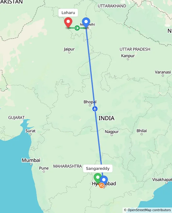 Route map showing distance and travel time from Sangareddy, India to Loharu, India