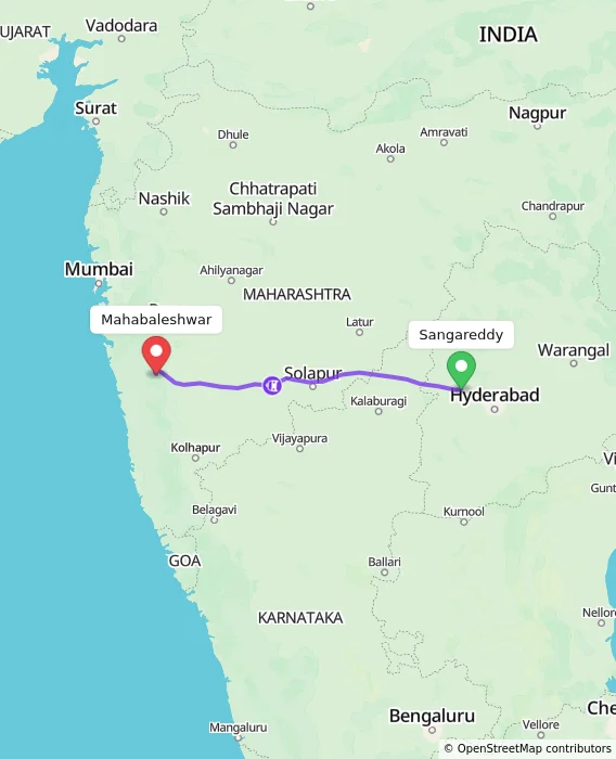 Route map showing distance and travel time from Sangareddy, India to Mahabaleshwar, India