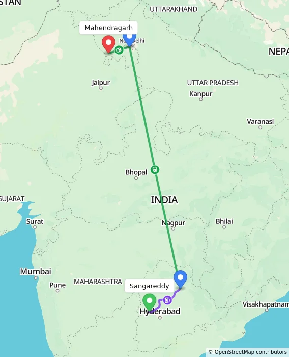 Route map showing distance and travel time from Sangareddy, India to Mahendragarh, India