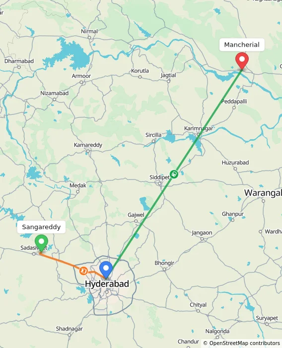 Route map showing distance and travel time from Sangareddy, India to Mancherial, India