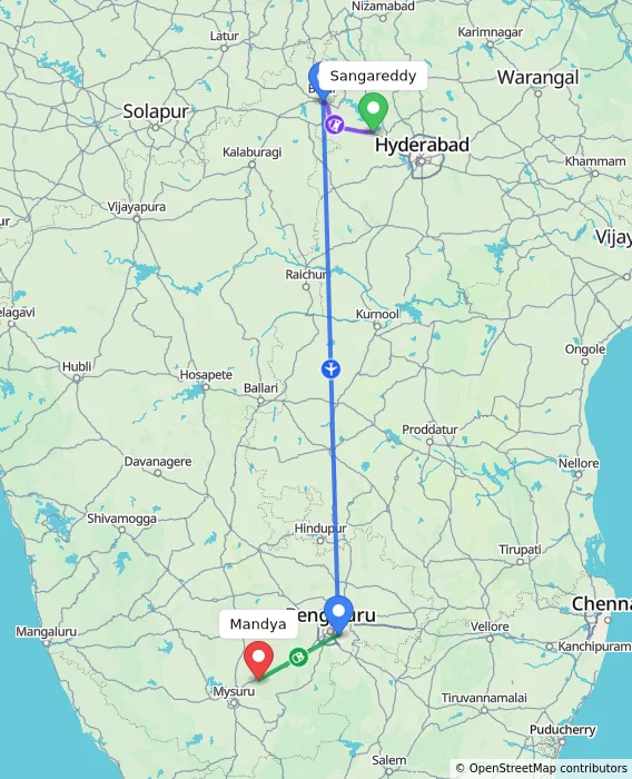 Route map showing distance and travel time from Sangareddy, India to Mandya, India