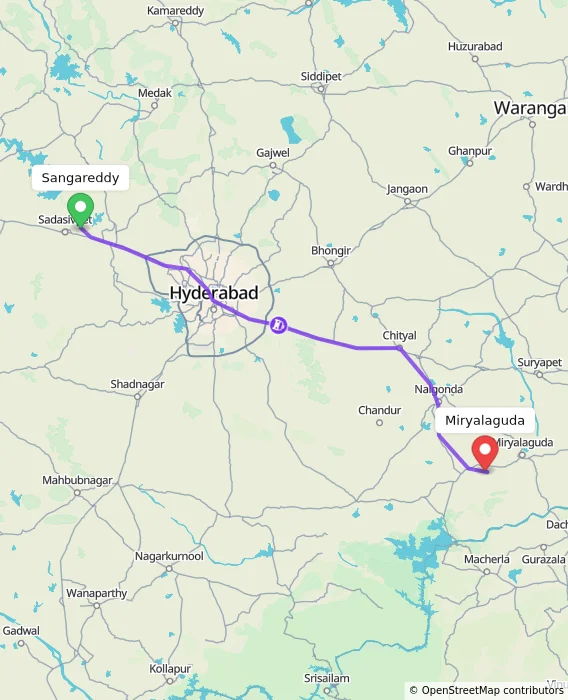 Route map showing distance and travel time from Sangareddy, India to Miryalaguda, India